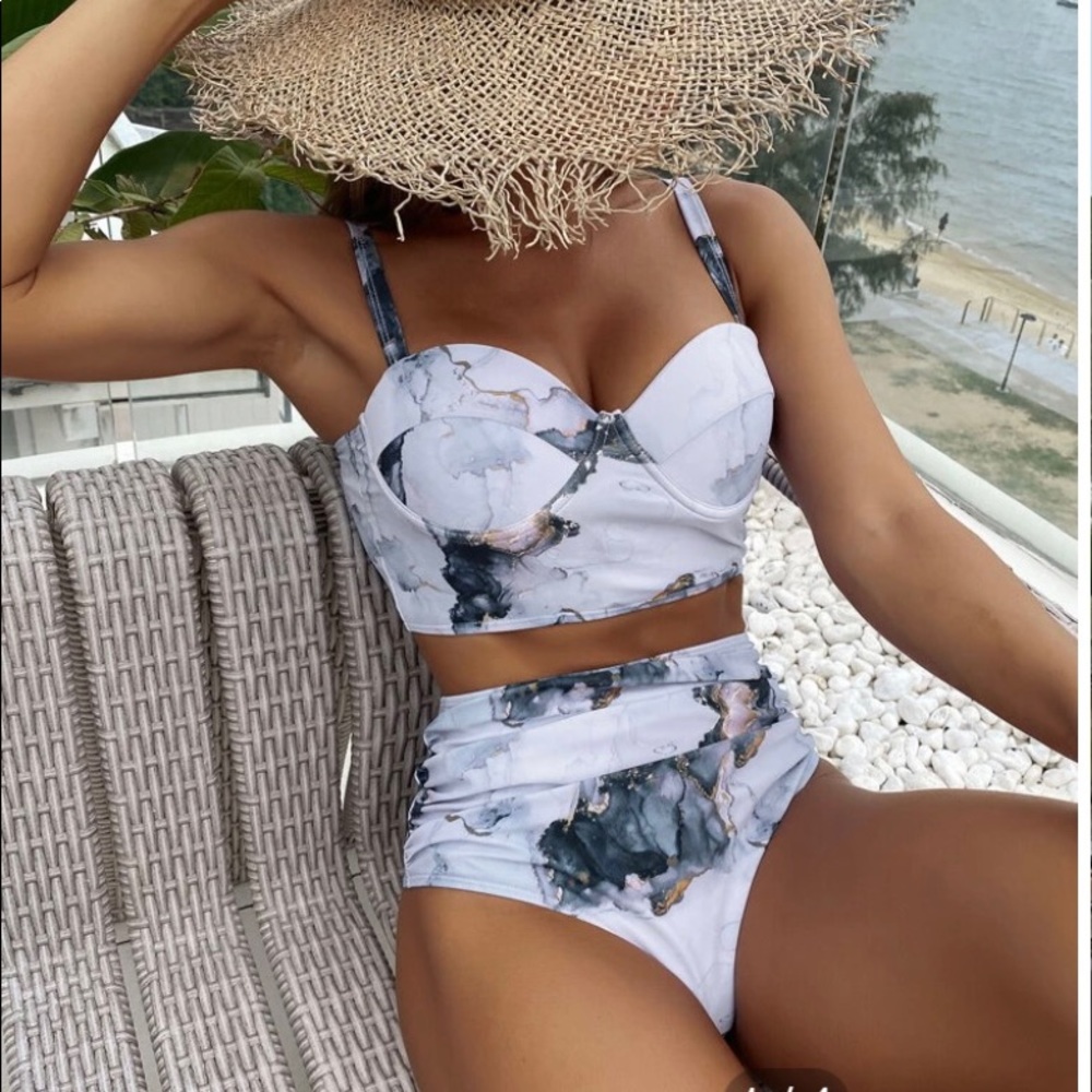 Marble Print High Rise Ruched Bikini